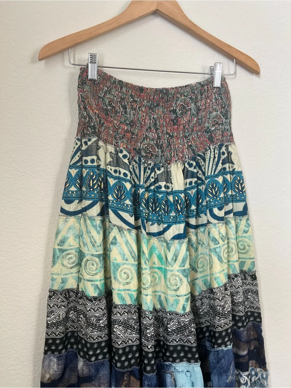 Recycled Silk Blend Floral Patchwork Tiered Ruffle Skirt Free Size Gypsy Boho